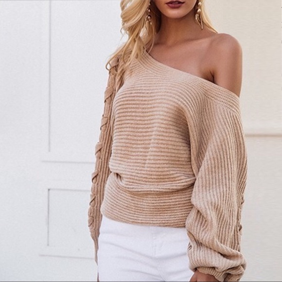 Off Shoulder Cross Braided Loose Knit Sweater - Picture 3 of 7